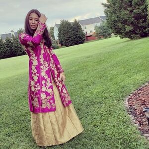 Pink Mauve And Gold Silk Floral Embroidered Lehenga XS